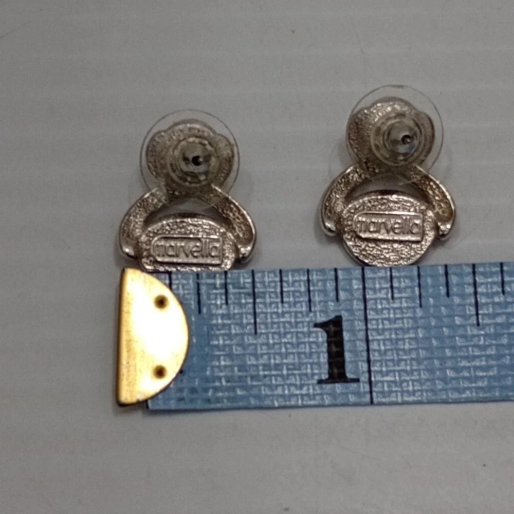 Vintage Marvella Faux Pearl Rhinestone Silver Tone Swirl‎ Earrings